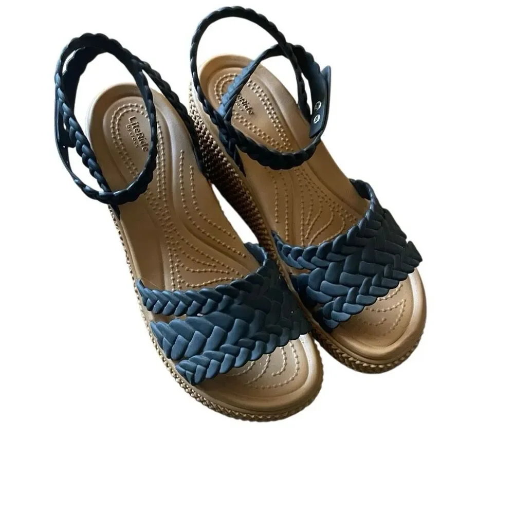 Crocs literide RARE wedge strappy ankle woven braided black tan boho festival co - Picture 2 of 5